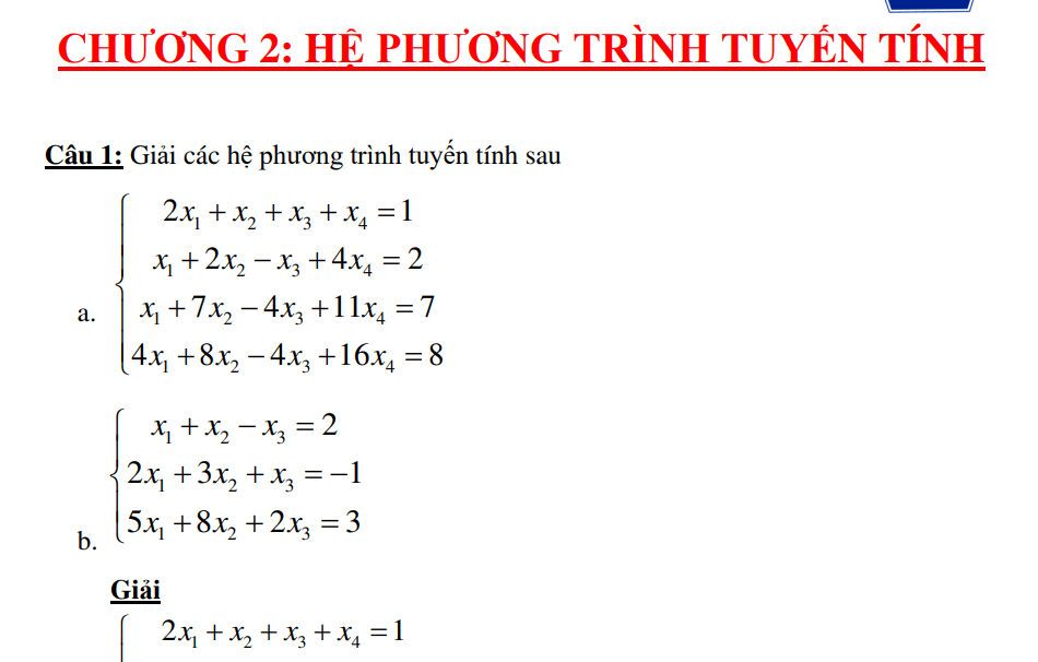 Chương 2 : Hệ phương trình tuyến tính | Bài giảng Đại số tuyến tính