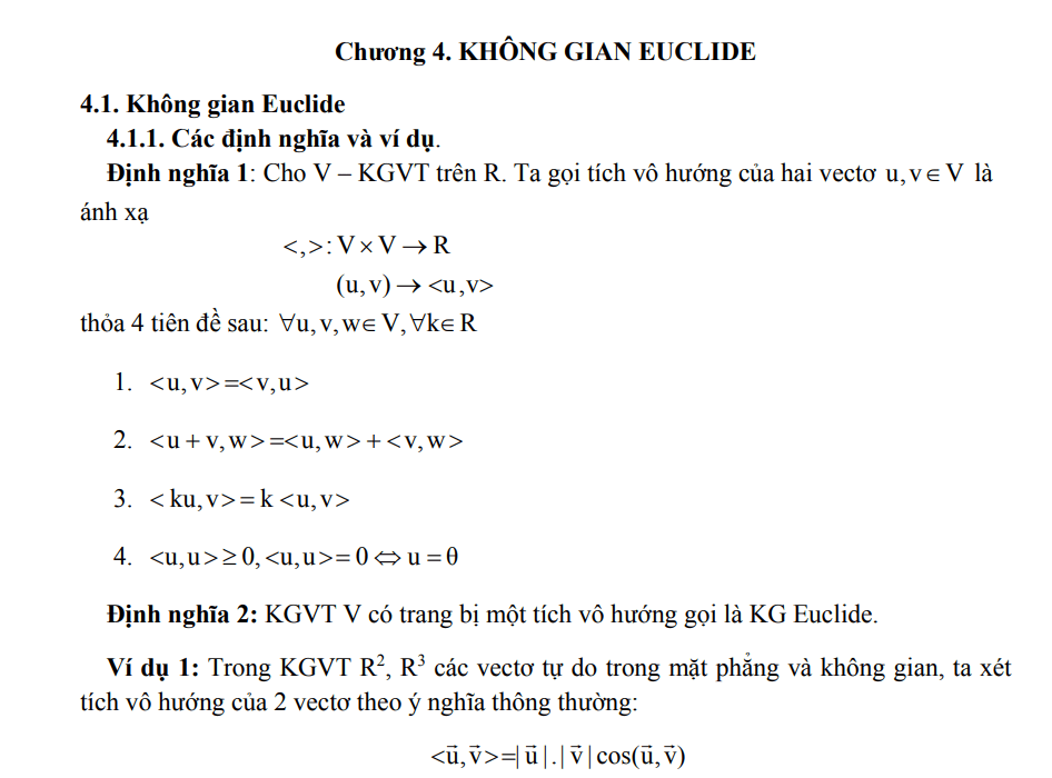 Chương 4: Không gian Eucild | Bài giảng Đại số tuyến tính