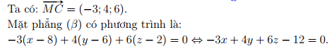 Trong không gian Oxyz, viết phương trình mặt phẳng (β) đi qua điểm I(8;6;2)  (ảnh 1)